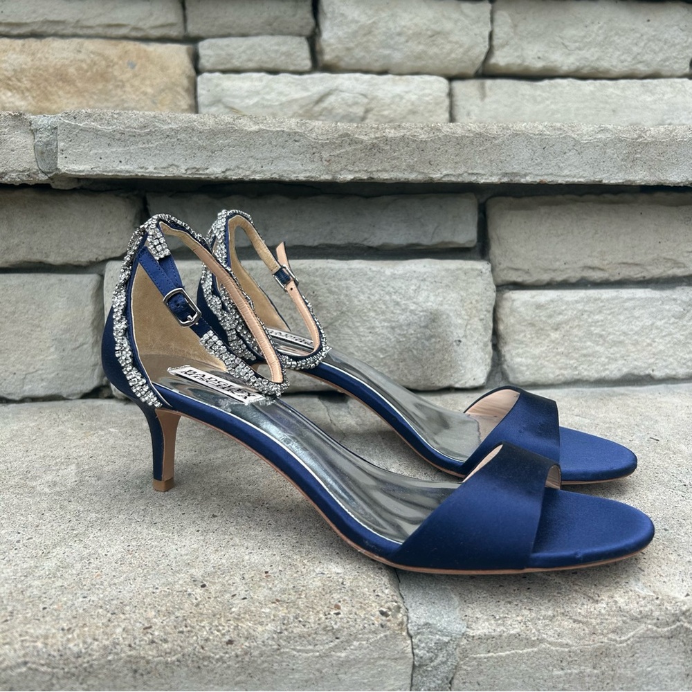 Badgley Mischka Navy Satin Heels with Rhinestone Strap